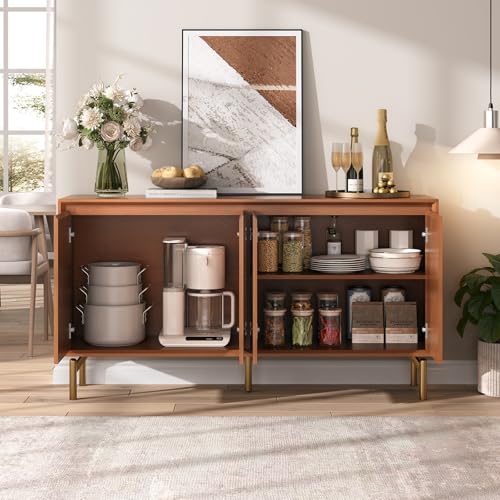 Image of 59 inch Sideboard Buffet Cabinet with Storage, Mid Century Modern Accent Cabinet with Herringbone Doors & Adjustable Shelves, Decorative Media Console Credenza for Living Room Kitchen Entryway, Red Walnut