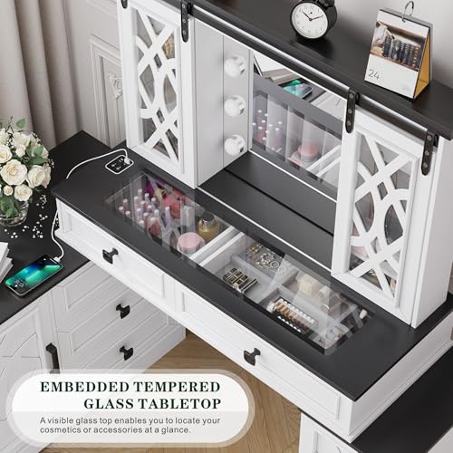 Image of FREDEES Large Vanity Desk with Mirror and Lights, Farmhouse Makeup Vanity with Jewelry Armoire Cabinet Storage, White Dresser Table Gifts for Wife /Girlfriends /Women /Lady /Girl