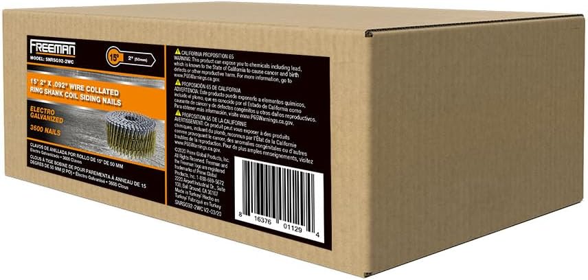 Freeman 15° 2" Wire Collated Galvanized Ring Shank Coil Siding Nails – 3,600 Count – Heavy-Duty Nails for Siding, Sheathing & Roofing