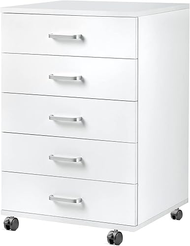 VOWNER Cómoda de 5 cajones con asas de metal, cajón de almacenamiento con ruedas, para oficina en casa, color blanco