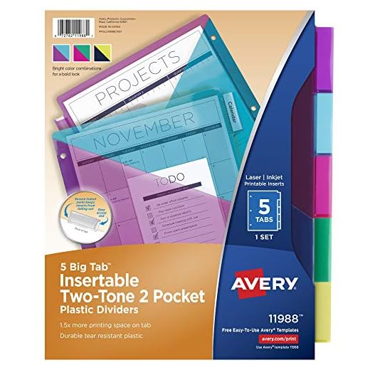 Avery Big Tab Insertable 2 Pocket Dividers for 3 Ring Binders, 5-Tab Set, Bright Two-Tone Multicolor, 1 Set (11988)