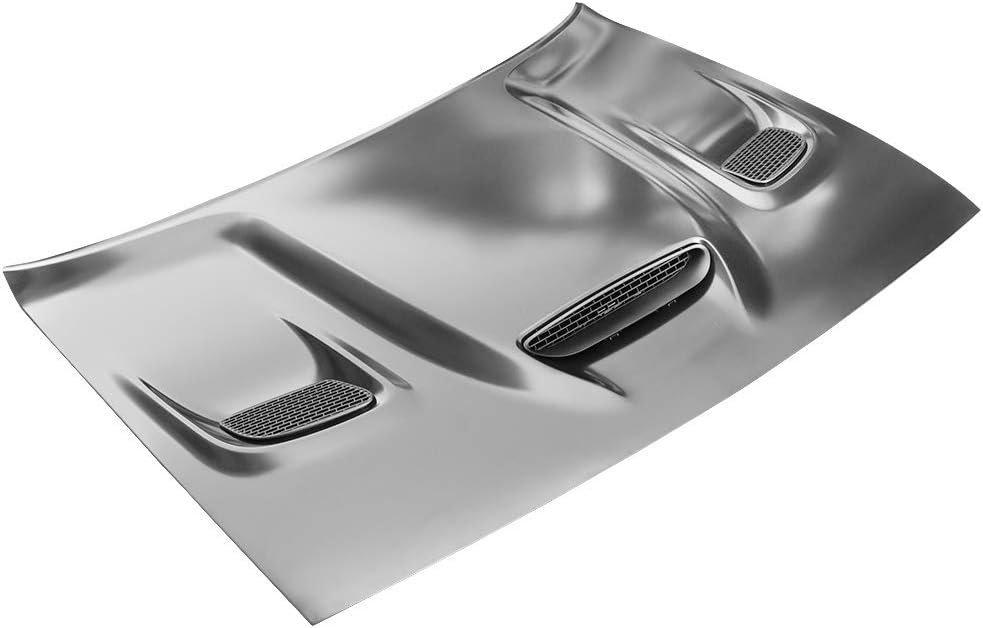 IKON MOTORSPORTS, Hood Compatible With 2008-2023 Dodge Challenger, Hellcat Style Bumper Hood Panel with Air Intake Vents Black Aluminum, 2009 2010 2011 2012 2013 2014 2015 2016 2017 2018 2019