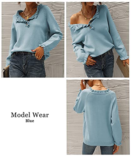 Btfbm Women's Sweaters Casual Long Sleeve Button Down Crew Neck Ruffle Knit Pullover Sweater Tops Solid Color Striped(Solid Blue, Medium) #TOP3