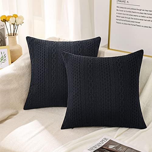 Cikary Decorative Throw Pillow Covers 18x18 Set of 2 for Sofa Bed with Raised Twisted Rope Pattern, Stretchy Embossed Couch Pillow Covers, Black
