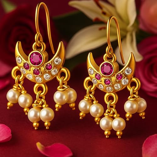 Image of VAMA FASHIONS 18K Gold Plated Anti Tarnish Half Moon Peacock Shape Traditional Maharashtrian Press on Bugadi Upper Ear Clip on Earrings For Women & Girls