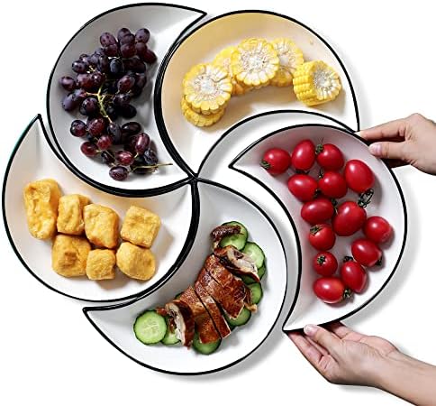 Plates and Bowls Sets,5 PCS Moon Dinner Plates Household/Hotel Porcelain Dish Set,White Ceramic Dinnerware Sets for Salad/Snack/Dessert/Appetizer, Microwave Oven and Dishwasher Safe Scratch Resistant