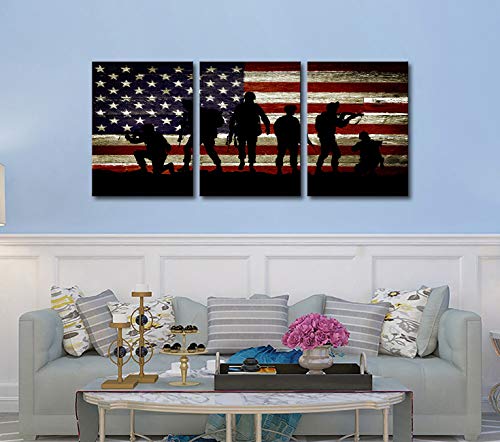 American Flag Wall Art American Soldier Military Wall Decor 3 Panels Painting Independence Day Theme Artwork American Flag Poster Patriotic Concept Usa Flag For Home Print On Canvas Picture Framed Ready To Hang #TOP4