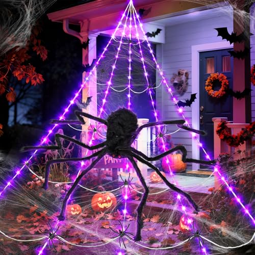 Set de Decoración Halloween con Telarañas Halloween Luminosa 5m, Araña Gigante 125cm y Múltiples Arañas - Adornos Halloween Exterior/Interior/Jardín