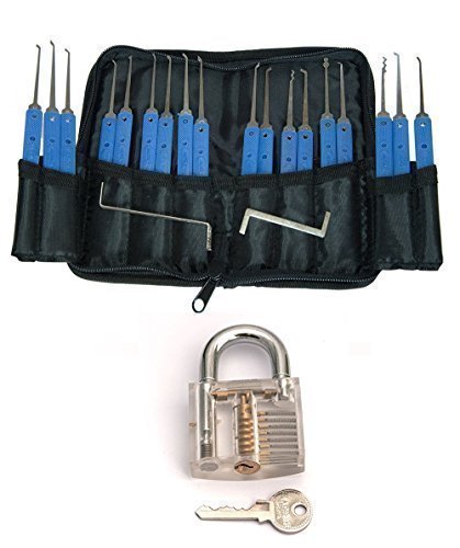 Preisvergleich Produktbild Set: Transparentes Übungsschloss. Vorhängeschloss zum Trainieren für Lockpicking (in Metalldose verpackt) und großes Dietrich-Set 20 Teile mit Tasche