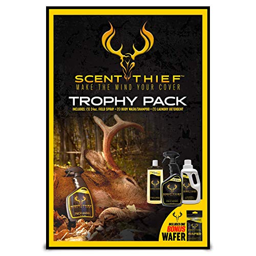 Scent Thief Hunting Scent Eliminator Trophy Pack, Includes 24Oz Field Spray, Scent Free Laundry Detergent, Hunting Body Wash & Shampoo, And Scent Blocker Wafer #TOP1