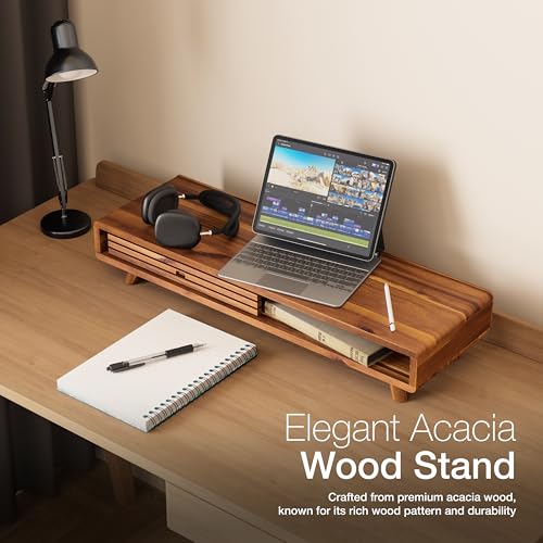 Tinamo Acacia Monitor Stand Riser with Sliding Door - Wooden Monitor Riser for Desk - Computer Monitor Stand for Desk - Multi-Purpose Desktop Storage Stand for Computer; Laptop; TV(24.4 \" x 8\" x 5\") - Thumbnail 6