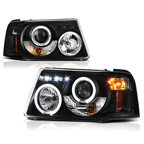 For 2001-2011 Ford Ranger Pickup Truck LED Halo Ring Black Bezel Projector Headlight Headlamp Assembly Replacement Pair Driver & Passenger Side Set