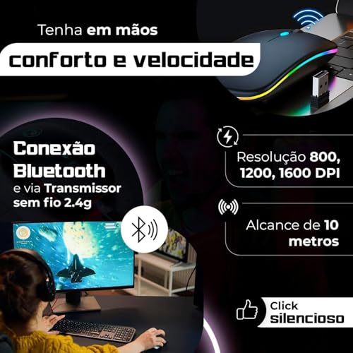 Mouse Bluetooth Recarregável sem Fio Dupla Conexão, e USB, Wireless Mouse compatível com iPhone, Mac