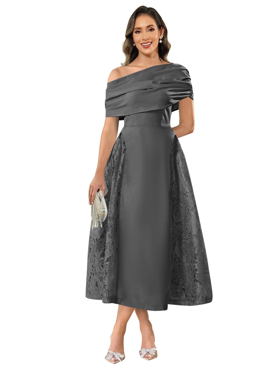 GUKARLEED Womens Pleated Satin Mother of The Bride Dresses A-line Off The Shoulder Lace Appliques Formal Wedding Guest