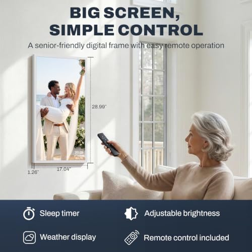 Image of 32 inch Large Digital Picture Frame, 64GB, Anti-Glare Non-Touch, WiFi Wall-Mount Frame for Home /Business, 1920x1080 FHD, Share via App, Email, USB & Micro SD, Remote Included, White