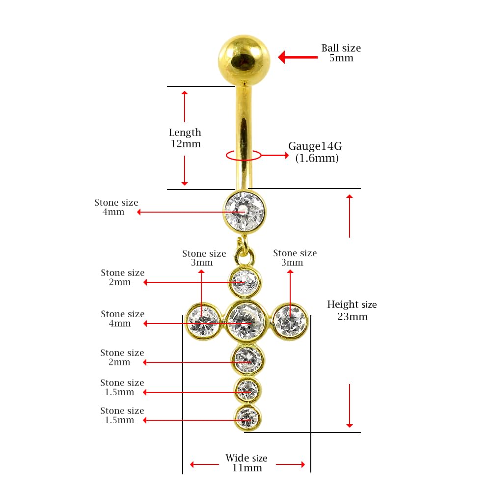 Piercing para ombligo de oro amarillo macizo de 14 quilates con circonita cúbica y cruz colgante – joyería para el ombligo de 14 quilates – Piercing para el ombligo calibre 14, 14 Gauge