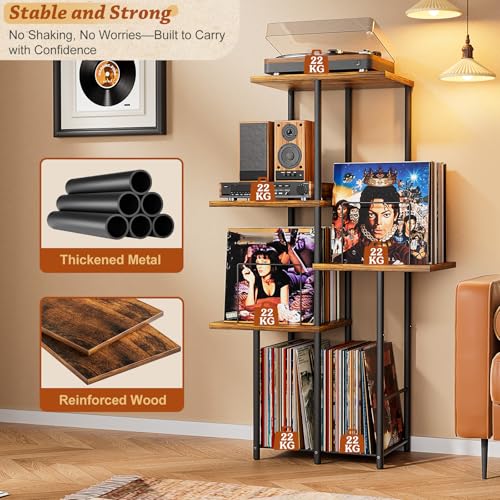Bikoney Stojak na Gramofon z Półką na Winyle, Szafka na Płyty z Organizerem LP, Stół na Gramofon, Meble Vintage Drewniane w Stylu Mid-Century, Wysoka Konsola