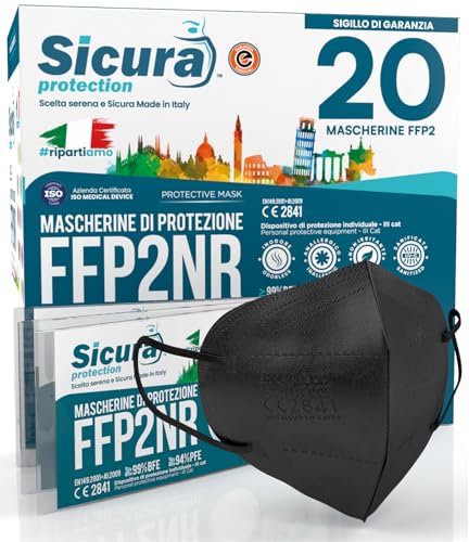 20 Mascarillas FFP2 Homologadas negro total fabricadas en Italia Mascarilla ffp2 negra certificada CE BFE ≥99% Mascaras colores 20 unidades