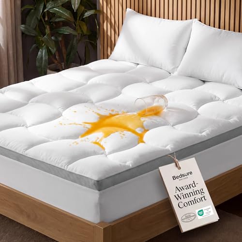 Bedsure Pillow Top Mattress Topper Queen-Waterproof Mattress Protector with 8-21 Inches Deep Pocket, 800 GSM Extra Thick Mattress Topper Queen Size Bed, Soft Cover Bed Topper for Home, Hotel - White