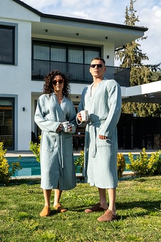 Image of Muslin Unisex Bathrobe Women & Men, 100% Cotton Kimono Lightweight Robe | Long Robes Soft, Absorbent, Spa robes