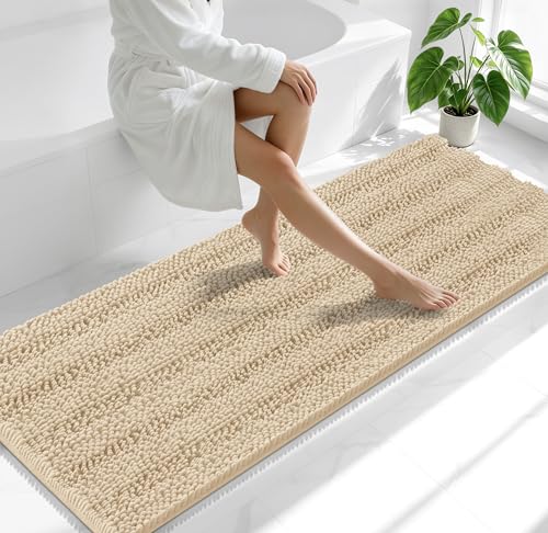 Image of Smiry Thick Chenille Bathroom Runner Rugs 70x24, Absorbent Striped Bath Mat, Machine Washable, Rubber Backing, Extra Long Bath Rugs for Tub & Shower, Modern Home Decor Accessories, Beige