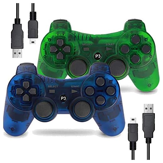 Burcica PS3 Controller 2 Pack Wireless Motion Sense Dual Vibration Upgraded Gaming Controller for Sony Play Station 3 with Charging Cord (Transparent Green and Transparent Blue)