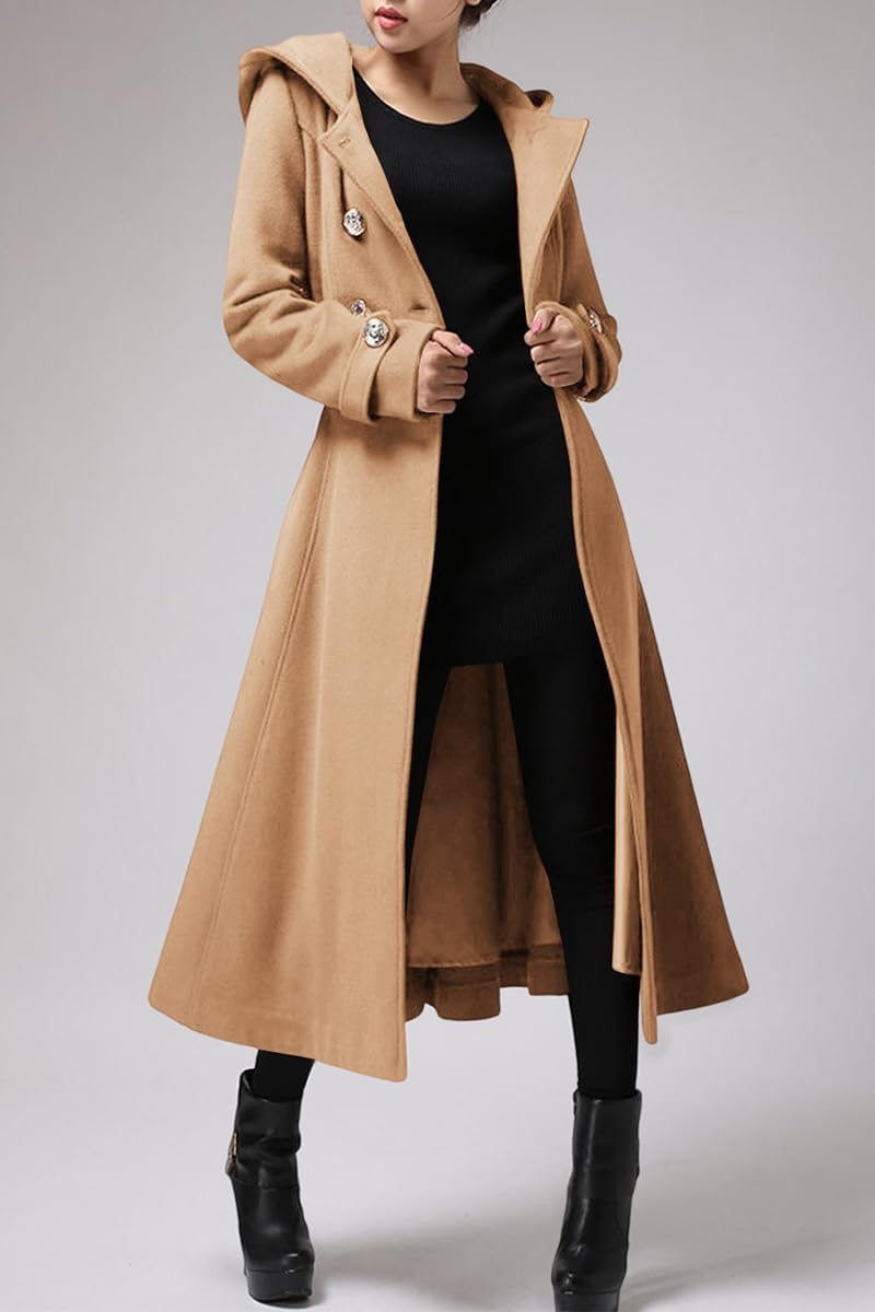Cicy Bell Womens Long Double-Breasted Hooded Coat Winter Warm Wool Trench Coat with Belts - Image 2