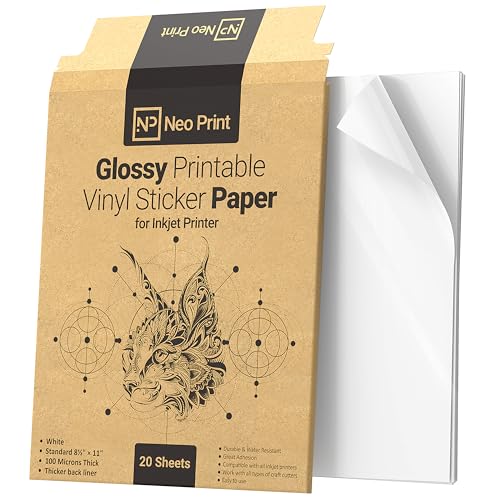 Printable Vinyl Sticker Paper for Inkjet Printer - Glossy White Vinyl Printer Paper - 20 Self-Adhesive Sheets - Standard Letter Size 8.5"x11" - Waterproof Decal Paper