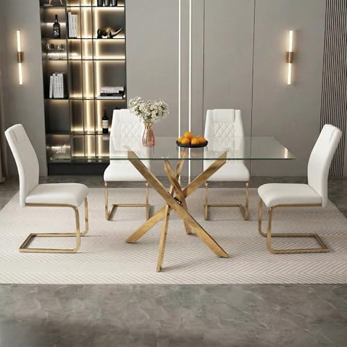 Image of 5 Piece Glass Dining Table Set for 4, Modern Tempered Glass Top Kitchen Table and Chairs Set, 4 Upholstered Chairs, Space-Saving Small Apartment Dining Set, Gold & Gold