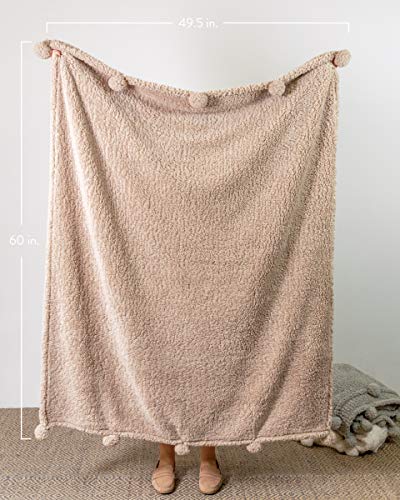 Premium Pom Pom Throw Blanket - Tan Throw Blanket, Plush Blanket, Soft Throw Blanket, Super Soft Blanket | Fall Throw Blanket For Couch, Fleece Blanket, Fleece Throw Blanket, 60” X 49.5” #TOP3