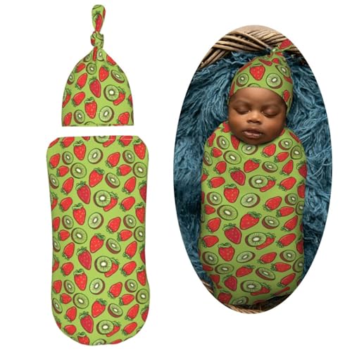 Image of Kiwis and Strawberries Newborn Swaddle Blankets Hat Sets Soft Baby Receiving Blanket Swaddle Sack for Baby Shower Infant Boy Girl Gift