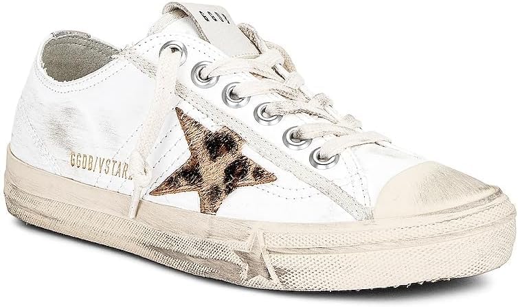 Golden Goose Women's Fashion Distressed Sneakers - Italian Nappa Leather Leopard Laminated Trendy Shoes, White Sneakers (White/Beige/Brown/Silver Metallic, Women, Numeric, Narrow, 7) - 37 EU/ 7 US2