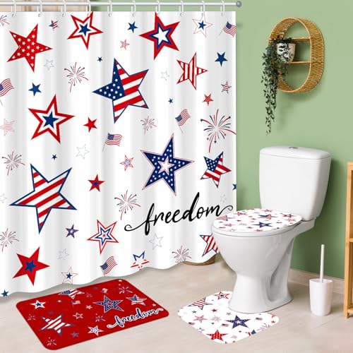 Tiamon 4 Pcs Complete 4th of July Shower Curtain Set with Non-Slip Rugs Independence Day Bathroom Decor Patriotic American Flag Stars Design Waterproof Fabric with Toilet Lid Cover and Bath Mat