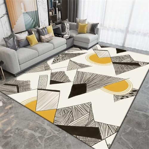 Tapis de salon lavable au design géométrique gris-jaune de taille 140x200cm