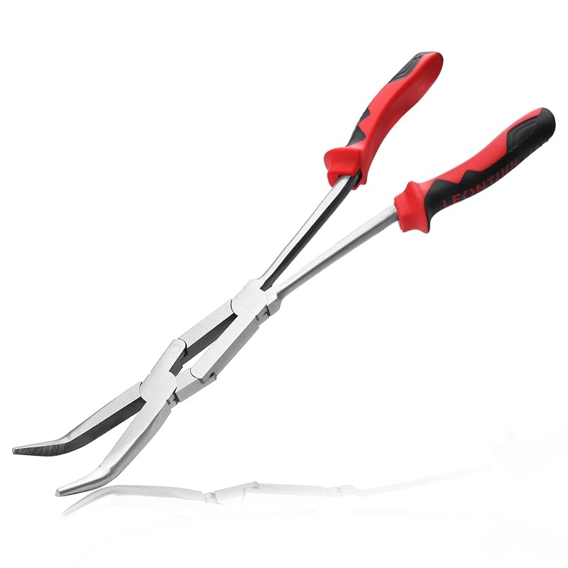 Alicate de Bico Longo Curvo a 45° com Dupla Articulação e Mordentes Serrilhados LEONTOOL, 33,5 cm