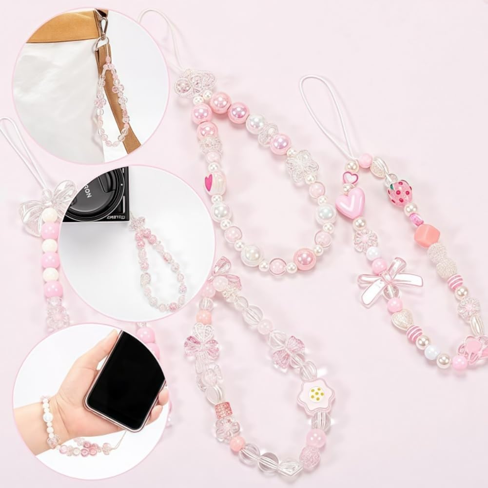 4PCS Beaded Phone Lanyard Wrist Strap for Cell Phone Key Heart Bowtie Flower Aesthetic Beaded phone Chain, - Image 4