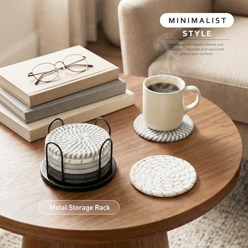Image of Lazebox Coasters Set of 8 for Drinks, 4 Inch Large Coasters for Coffee Table, Tabletop Protection for Hot & Cold Drinks, Versatile Coasters for Home Decor, Non-Slip & Easy to Clean, Gray