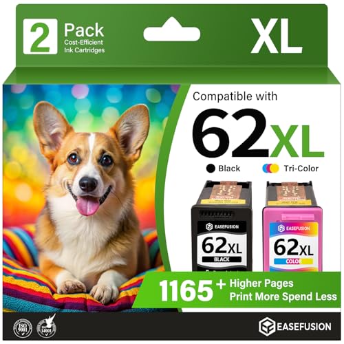 Image of EaseFusion 62XL Ink Cartridges Black and Color Remanufactured Replacement for HP Ink 62 HP62XL Combo Pack Compatible with Envy 7640 5660 5540 7645 5740 5746 OfficeJet 250 200 Mobile Printer, 2-Pack