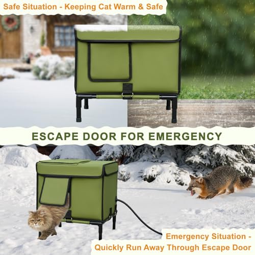 Palopalo Dewproof Heated Cat House for Outdoor Winter, Insulated Discreet Pet Shelter with Waterproof Heating Pad & Escape Door for Feral, Stray, Barn Kitty Cats (Army Green, 16.5"x12.5"x17.7") by Palopalo - Image 5