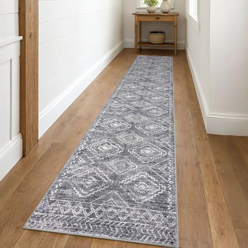 KILOCOCO Hallway Runner Rug 2'x10' Runners for Hallways Washable Runner Rug Non Slip Rubber Backed Low-Pile Runners for Bedroom Kitchen Living Room Laundry Room Boho Rugs, Grey