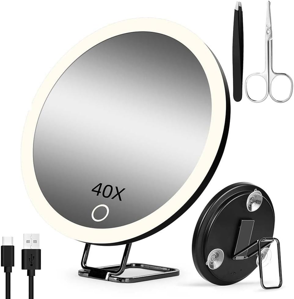 Travel Makeup Mirror with 40X Magnification, Magnifying Mirror with Suction Cups & Stand, 3 Color Dimmable LED Lights, 1200mAh Rechargeable for Detailed Eye Facial Makeup, Seniors with Low Vision