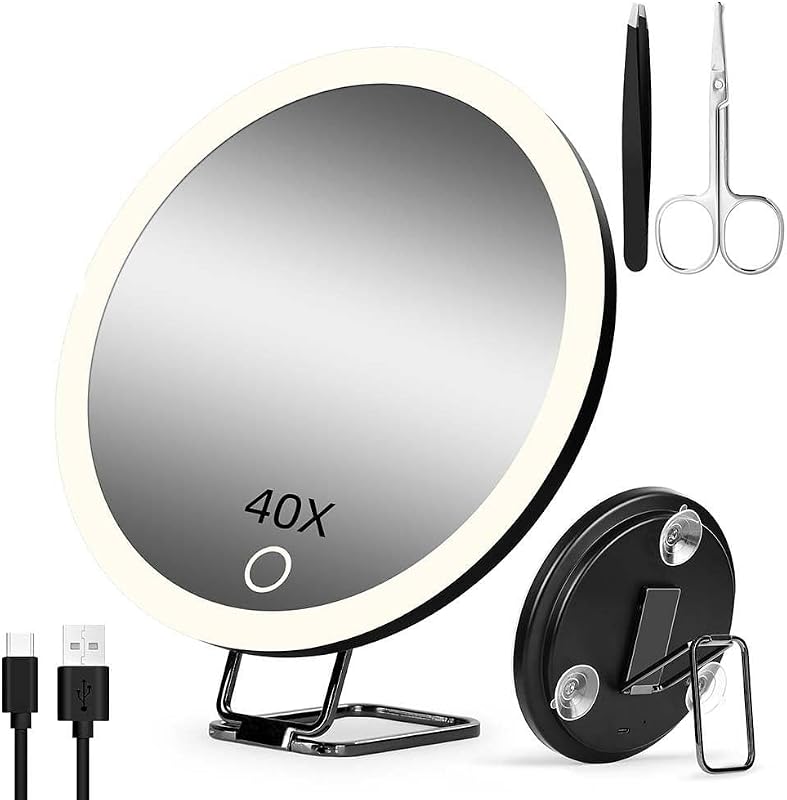 Espelho de maquiagem portátil Suupvaor com ampliação 40X, luz LED ajustável em 3 cores, ventosas e suporte, bateria recarregável de 1200mAh