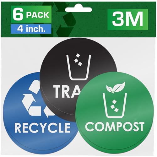 Trash Recycle Compost Stickers - 4x4 Round Decals, 6 Pack Set - Easy to Apply, UV-Resistant for Effective Indoor & Outdoor Waste Management in Kitchens, Offices, and Public Spaces