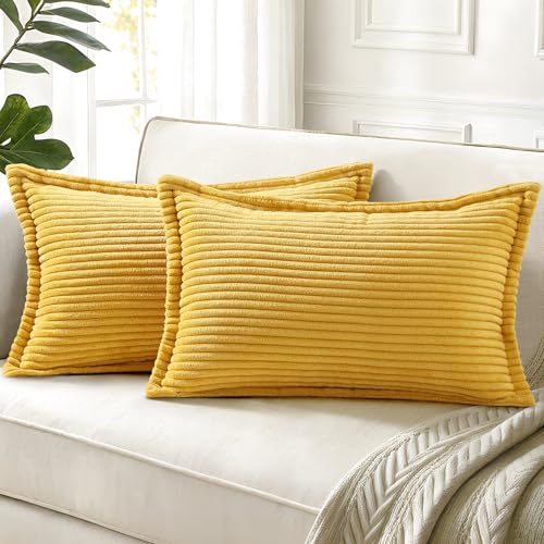 decorUhome Fall Corduroy Mustard Yellow Throw Pillow Covers 12x20 Set of 2 Decorative Soft Boho Striped Lumbar Neutral Euro Farmhouse Couch Pillow Cases with Broadside for Living Room Bed Sofa