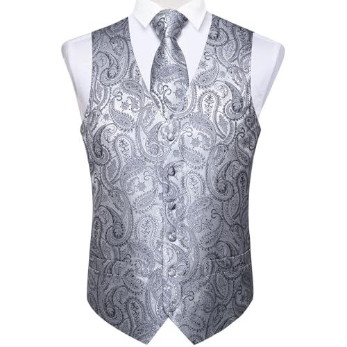 Image of DiBanGu Mens Vest and Tie Set Formal Paisley Waistcoat and Necktie Pocket Square Cufflinks Silk Suit Vest for Tuxedo Wedding