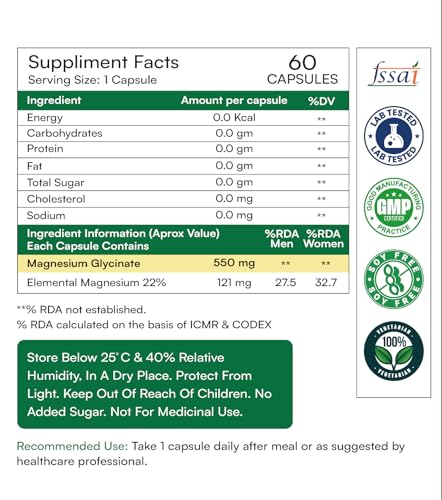 Image of Magnesium Glycinate - 550 mg per Capsule (121 mg Elemental Mg) - Supports Muscle Relaxation, Nerve Health & Better Sleep - 60 Veg Capsules - Pack of 2 - FSSAI Approved