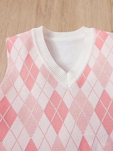 Milumia Girl's Casual Argyle Plaid Sweater Vest Round Neck Sleeveless Crop Top Pink and White 8Y3