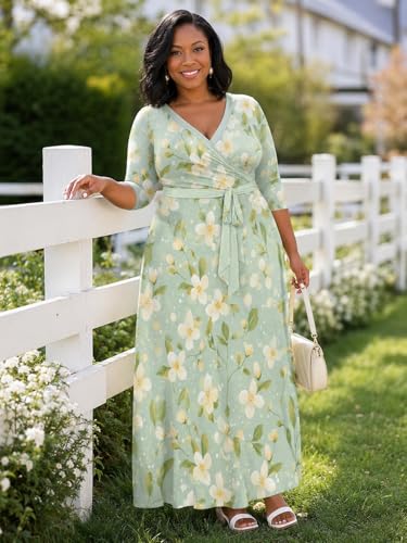 Image of PinkPatty Plus Size Maxi Dresses for Women Casual Flowy Long Dress 3 /4 Sleeve V Neck Wrap Dress with Belt