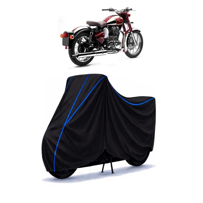 Image of Classic 500 Chrome Bike Cover Water Resistant Universal Motorcycle Rain | Heavy Duty UV Protection, Dust, Scratch Indoor Outdoor All Weather with Black Blue Piping Elastic