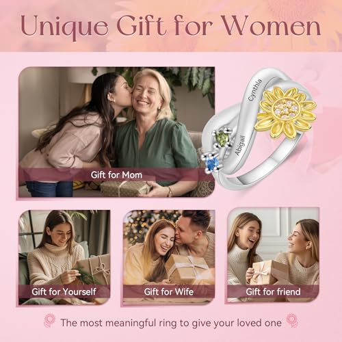 Personalized Mothers Ring with 2-4 Birthstones, Custom Name Sunflower Ring for Women Engagement Wedding Promise Birthstone Ring Mothers Day Christmas Birthday Gifts for Mom Grandma Wife (Sliver-2Stones, 10) — view 6